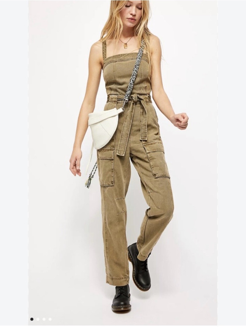 Free People Olive Utility Denim Overalls with Back Cutout